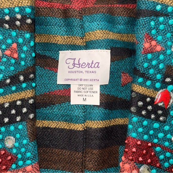 Vintage Herta Western Aztec Shawl Collar Vest Woman’s Medium Cotton Made In USA - Picture 3 of 8